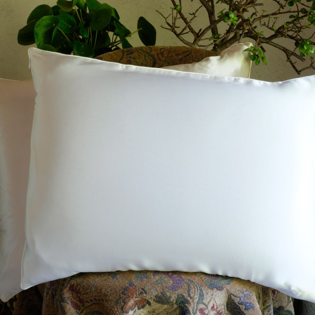 White mulberry silk pillowcase with silk-filled cushion insert, smooth satin charmeuse finish