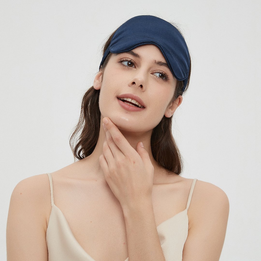 Luxurious Charmeuse silk sleep mask in navy by Perle Silk, ultra-soft and breathable, designed for ultimate comfort and restful sleep.