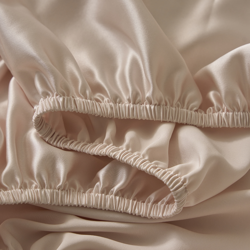 close-up of elastic Perle light pink fitted sheet crafted from 22 momme pure mulberry silk