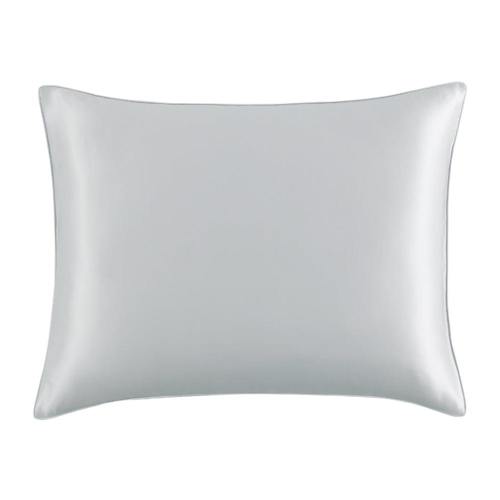 Luxurious light grey mulberry silk pillowcase with a smooth satin finish, queen size, designed for soft skin and hair care.