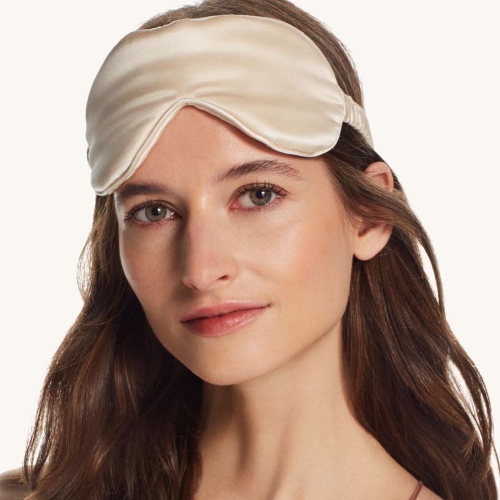Mari Ann silk sleep mask in champagne color, crafted from ultra-soft and smooth silk, offering luxurious comfort and a perfect fit for restful sleep.