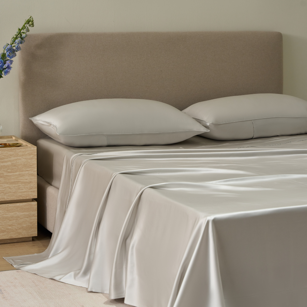 Perle Silk mist fitted sheet crafted from 22 momme pure mulberry silk